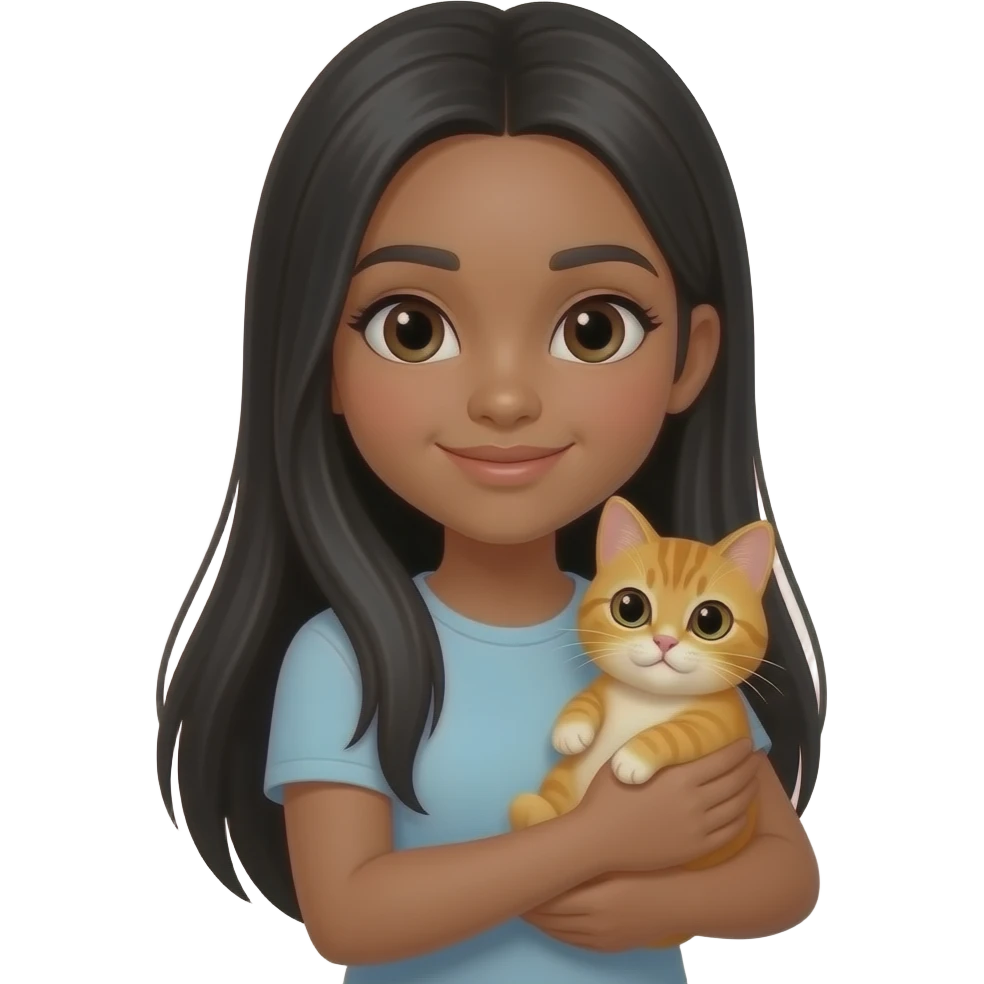 Une fille adolescente avec une peau "tan skin" avec des cheveux lisses très longs noir style clean girl qui tient et câline un chat orange emoji