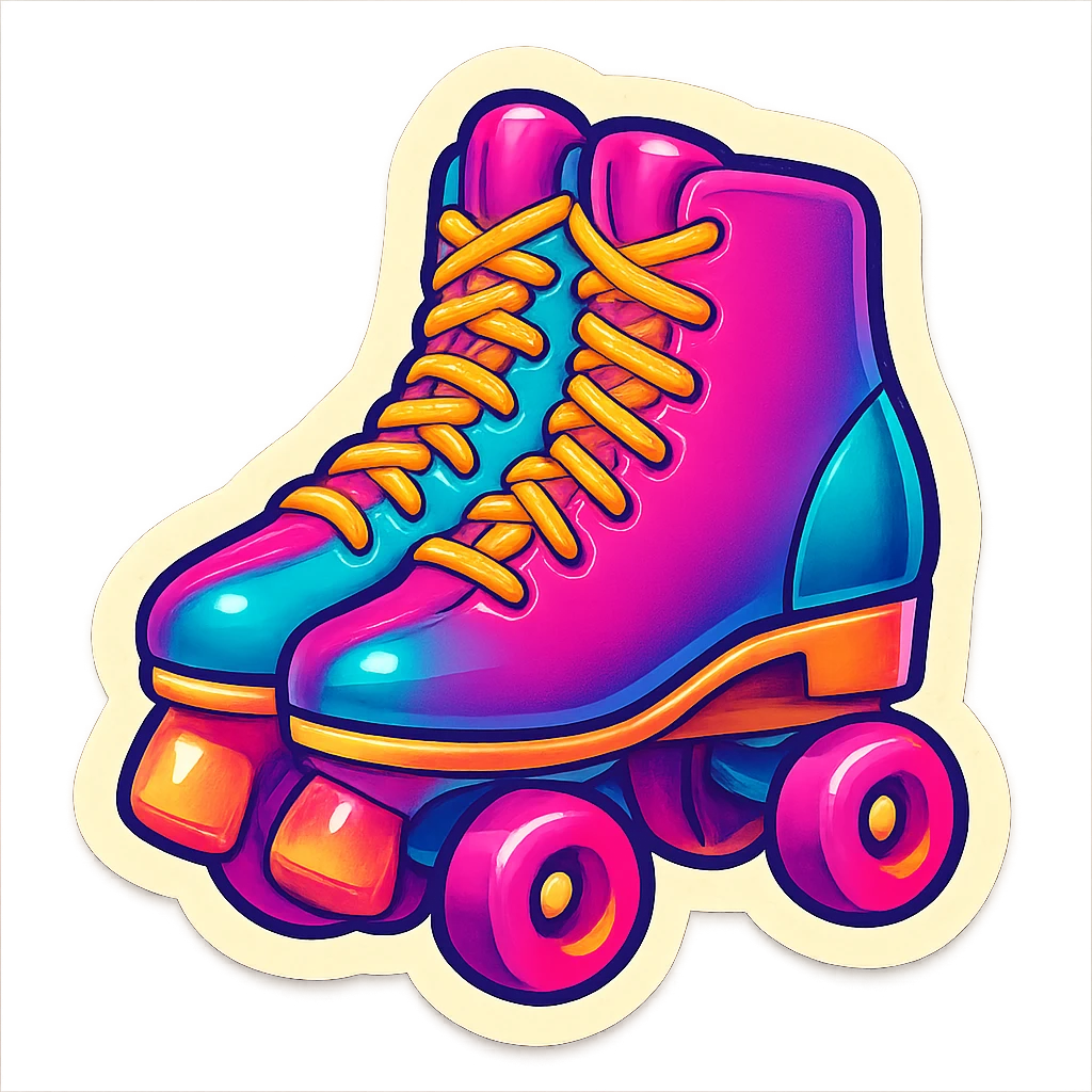 Barbie inspired sticker, retro 80s style, neon colors, roller skates, fun vibe emoji