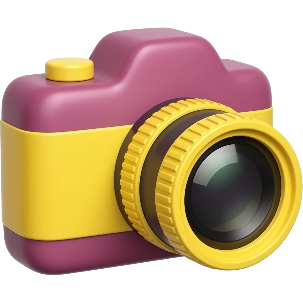 Glossy 3D rendered film camera emoji, detailed with distinct lens barrel and film reels, slightly rounded edges, berry (#B4018C) body, pure yellow (#FFF200) lens and accents, soft shading, white background emoji