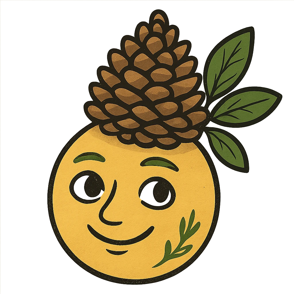 yellow face with pinecone crown, nature theme, digital illustration emoji