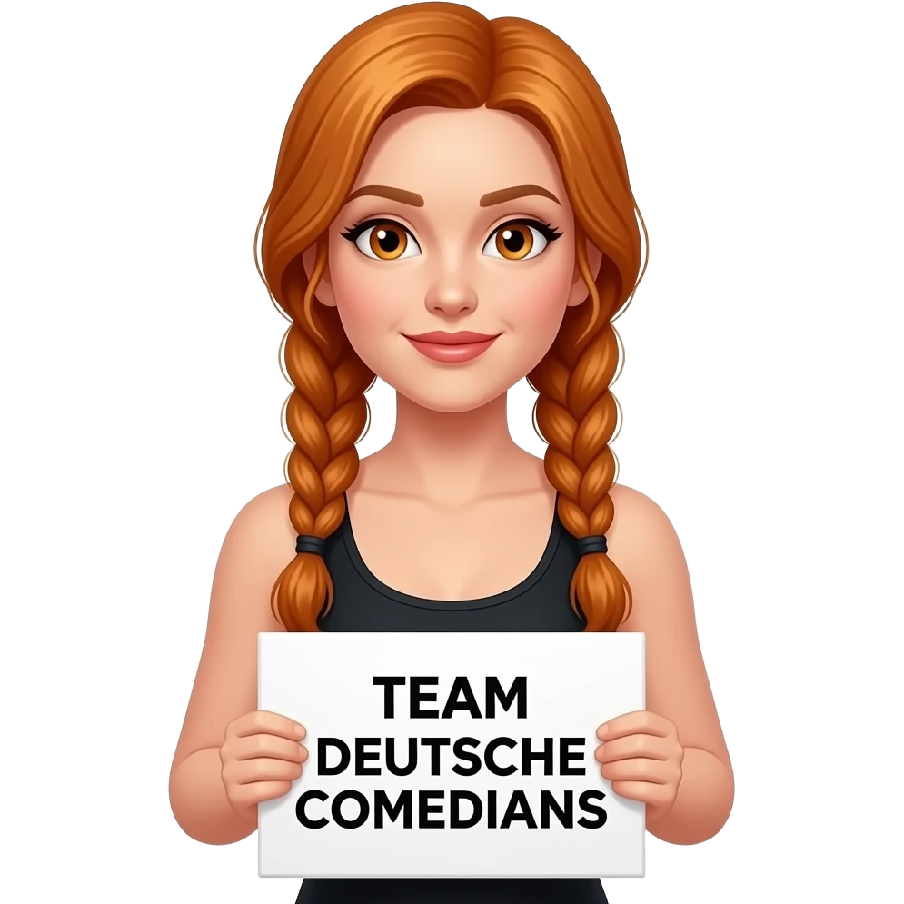 sexy girl with long ginger braids and ginger eyes wearing a black tanktop is holding a white sign with TEAM DEUTSCHE COMEDIANS written on it emoji