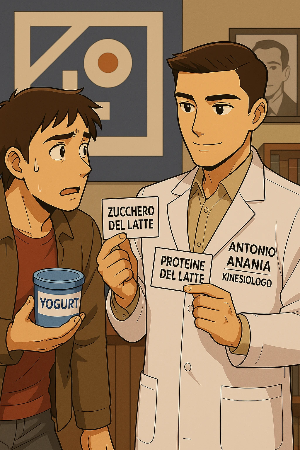 fai un webtoon manga a colori con questo stile, in cui un uomo ASCOLTA Il kinesiologo con il camice bianco (fagli anche la scritta "ANTONIO ANANIA" SUL CAMICE, IL KINESIOLOGO SPIEGA ALL'UOMO UNA COSA TENENDO DUE FOGLIETTINI IN MANO, UNO CON LA SCRITTA "ZUCCHERO DEL LATTE" E UNA CON LA SCRITTA "PROTEINE DEL LATTE". L'UOMO OSSERVA LO YOGURT CHE HA IN MANO CON ESPRESSIONE DUBBIOSA IN VOLTO. non fare i fumetti però, fai solo in modo che sembri stiano parlando emoji