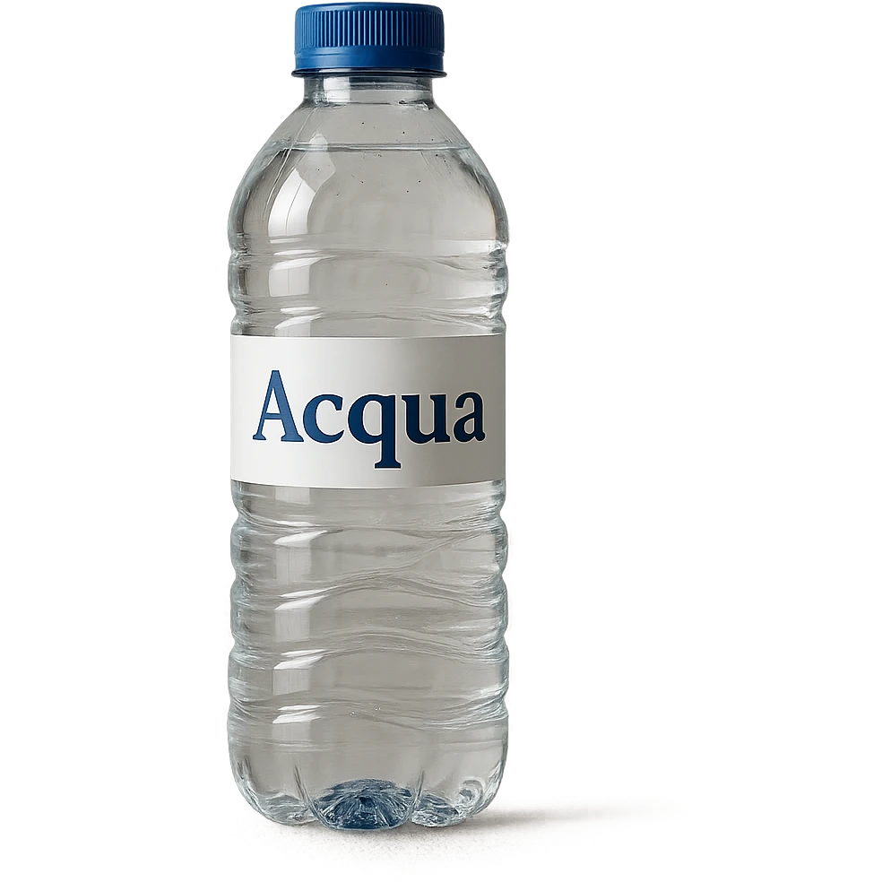 photo realistic transparent water bottle with label reading 'Acqua' in Italian emoji