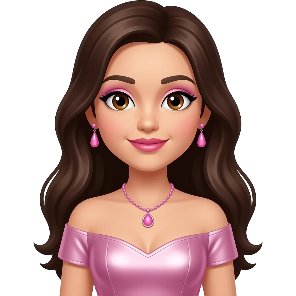 Azzyland with brown eyes, long dark brown hair, pink eyeshadow, pink lipstick, light pink metallic off-shoulder dress, pink necklace and earrings emoji