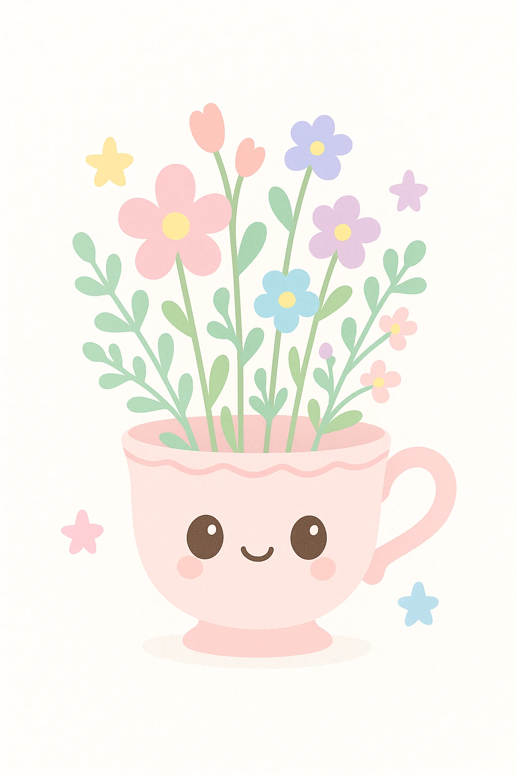 a teacup with wildflowers, cottage core style, delicate and vintage aesthetic, soft pastel colors emoji