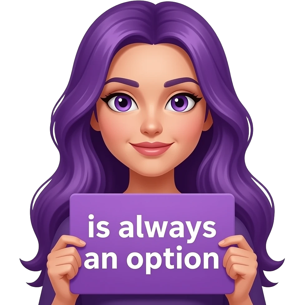 sexy girl with long purple hair and purple eyes holding a -PURPLE- is always an option sign emoji