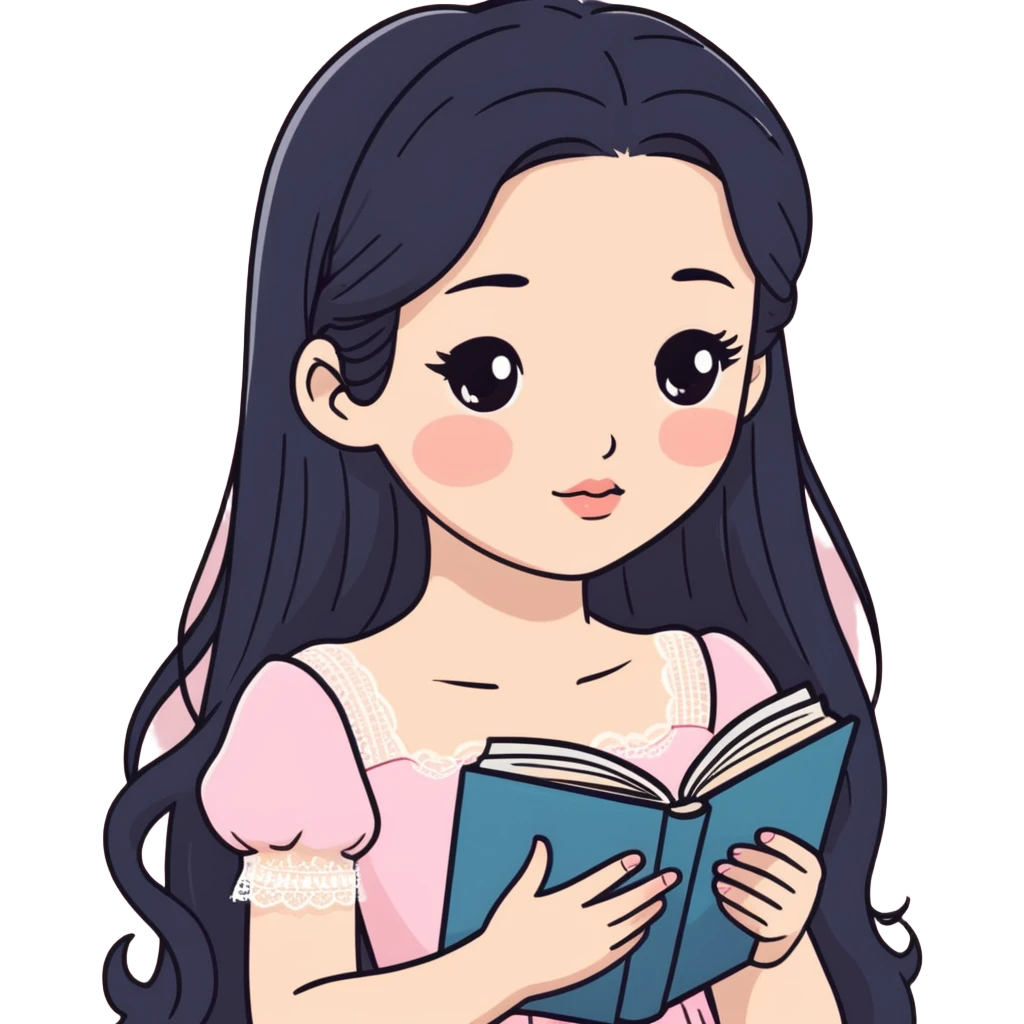 Menina branca 16 anos ,cabelos longos preto ,olhos pretos puxado para cima ,cilios longos. Lábios grossos, nariz pequeno.  Vestido rosa claro de alça com renda ,lendo um livro emoji