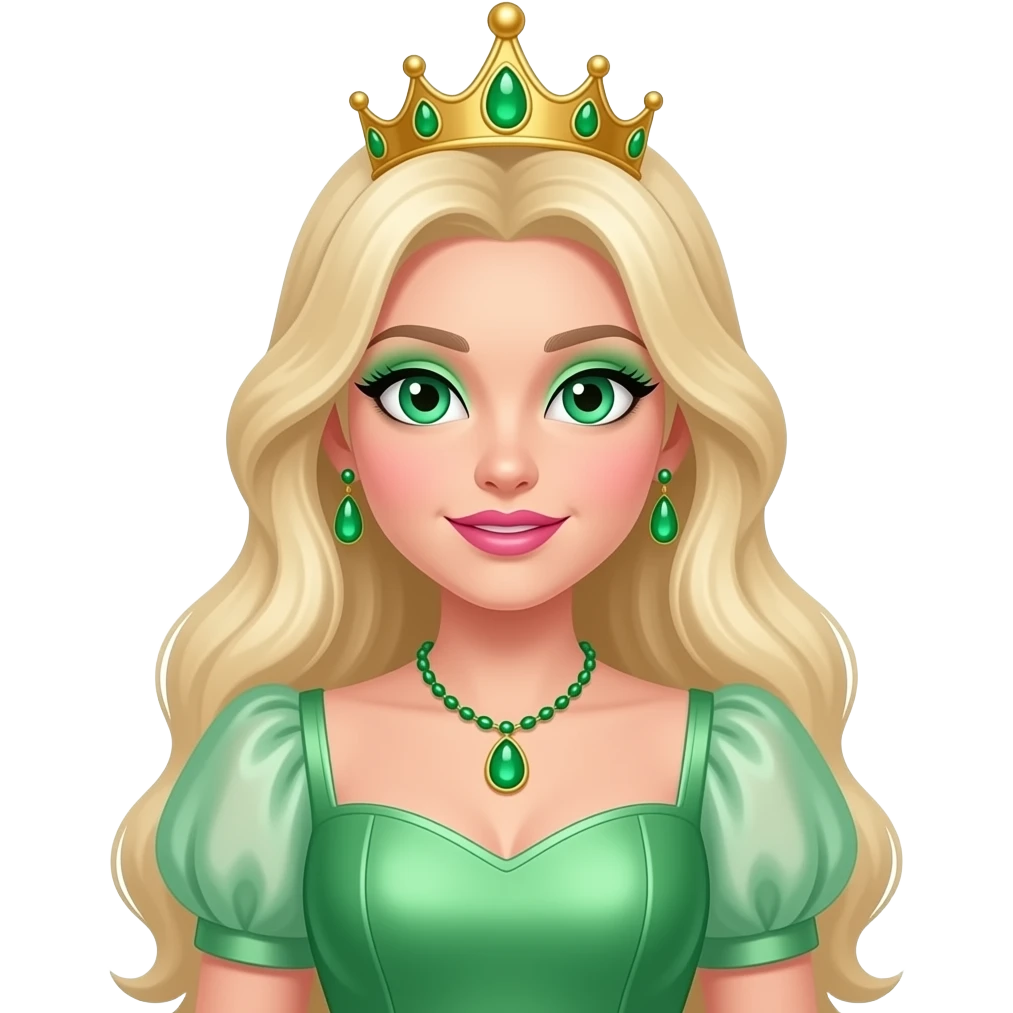 Princess Ozma from The Wonderful Wizard of Oz with green eyes, long platinum blonde hair, green eyeshadow, pink lipstick, light green metallic sweetheart sleeve dress, gold crown, green necklace and earrings emoji