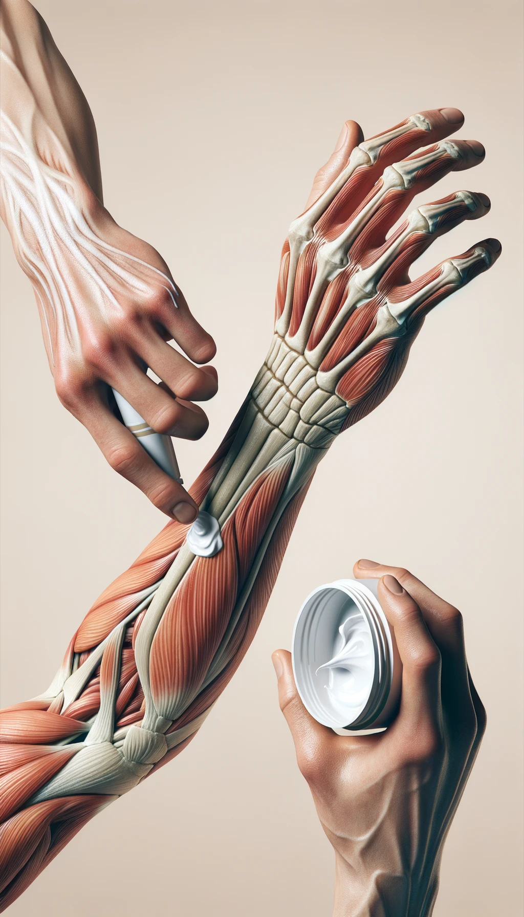 corpo umano anatomico cHE SI SPALMA UNA CREMA SUL BRACCIO, sfondo neutro chiaro emoji