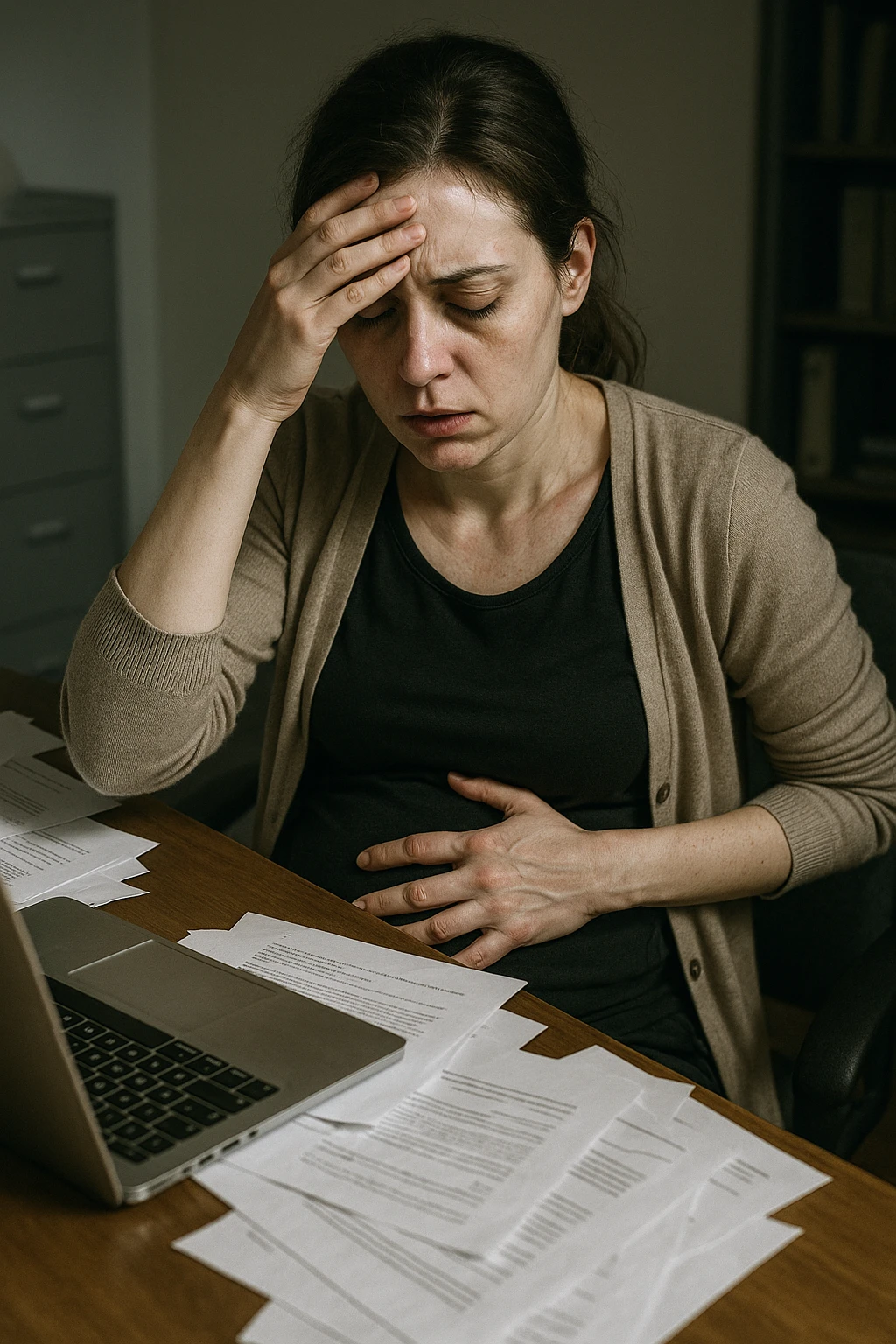 Empathetic photorealistic shot of a woman at her desk, overwhelmed by work. One hand is pressed against her forehead, the other grips her painful, bloated abdomen. Papers are scattered around her. The lighting is harsh and unflattering, emphasizing her pale complexion and the dark circles under her eyes. emoji