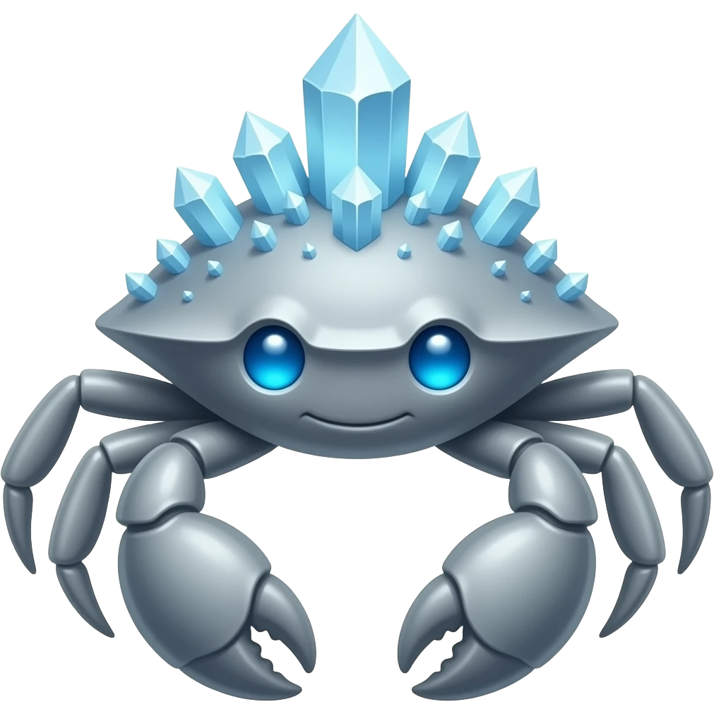 A Gray crab with crystals on its back with blue glowing eyes facing forward emoji