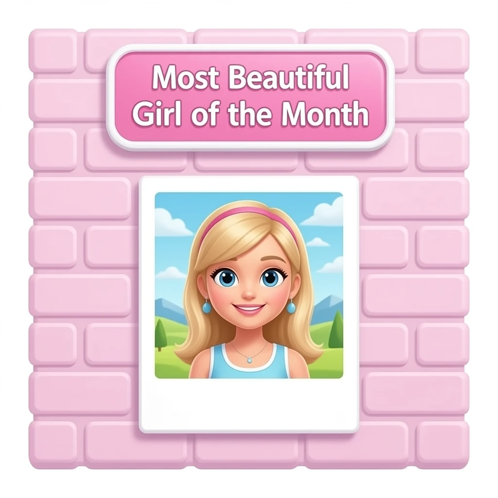 A pastel brick wall  with a cute decorative photo frame in the center, above the frame there is a sign that says “Most Beautiful Girl of the Month inspired by barbie colour palette emoji