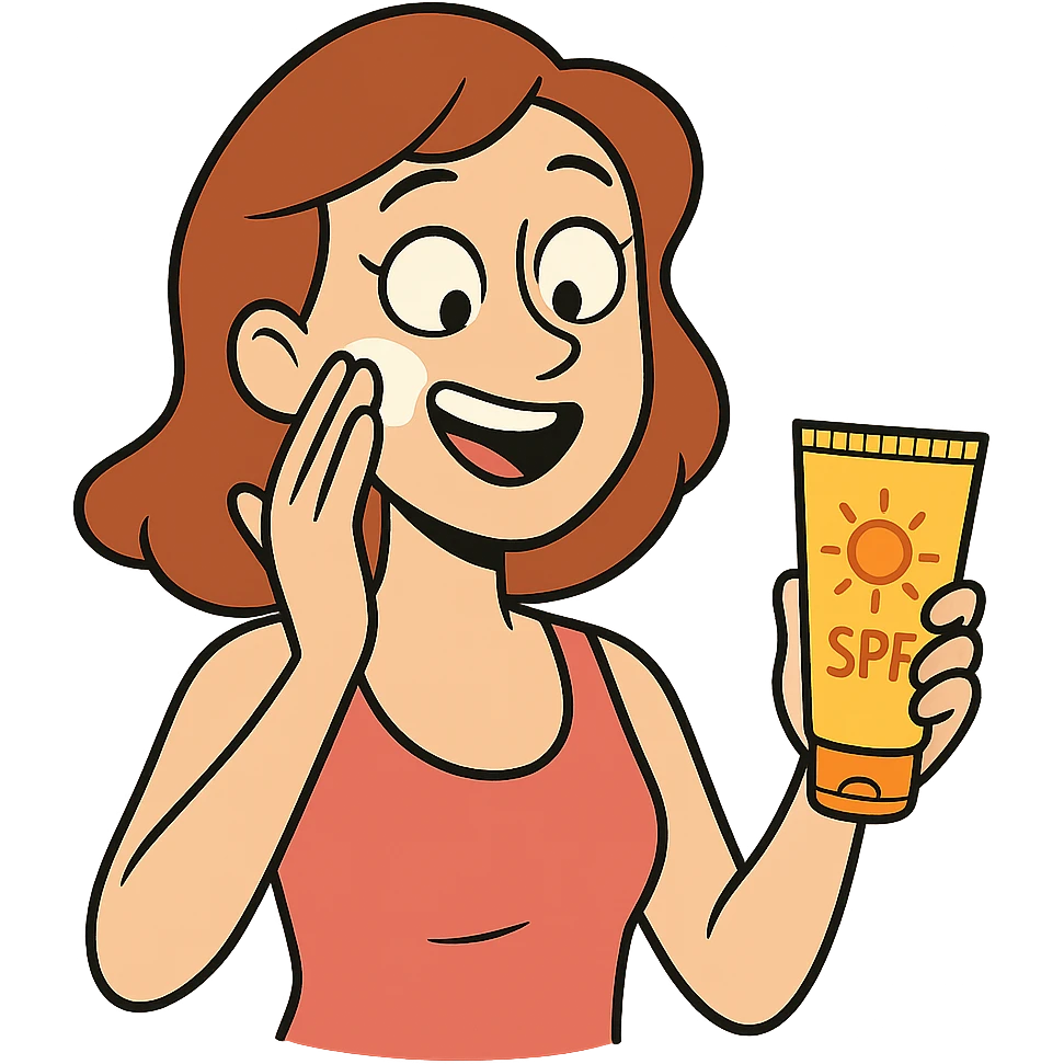 illustration of a woman smiling as she applies sunscreen to her cheek with one hand, holding a sunscreen tube in the other, bright and cheerful, no background emoji