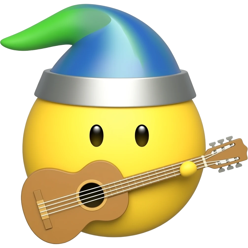 verry round yellow face emoji with a "medieval bard hat" and a "medieval bard instrument", "no arms nor hands" emoji