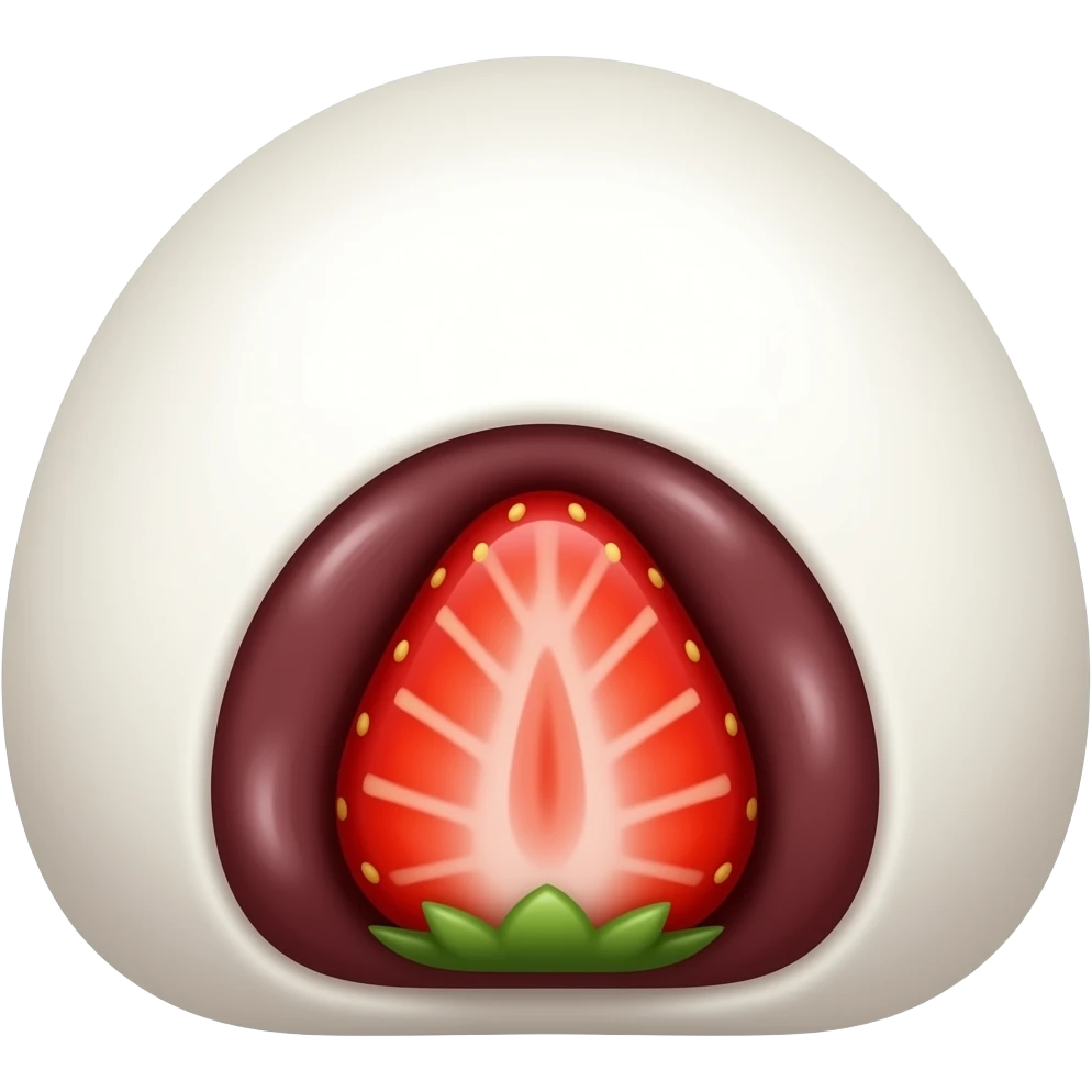 kawaii strawberry daifuku emoji, perfectly round white mochi with smooth soft surface, filled with sweet red bean paste and a whole strawberry, one cut open showing strawberry and anko filling, cute dessert icon, symmetrical shape emoji