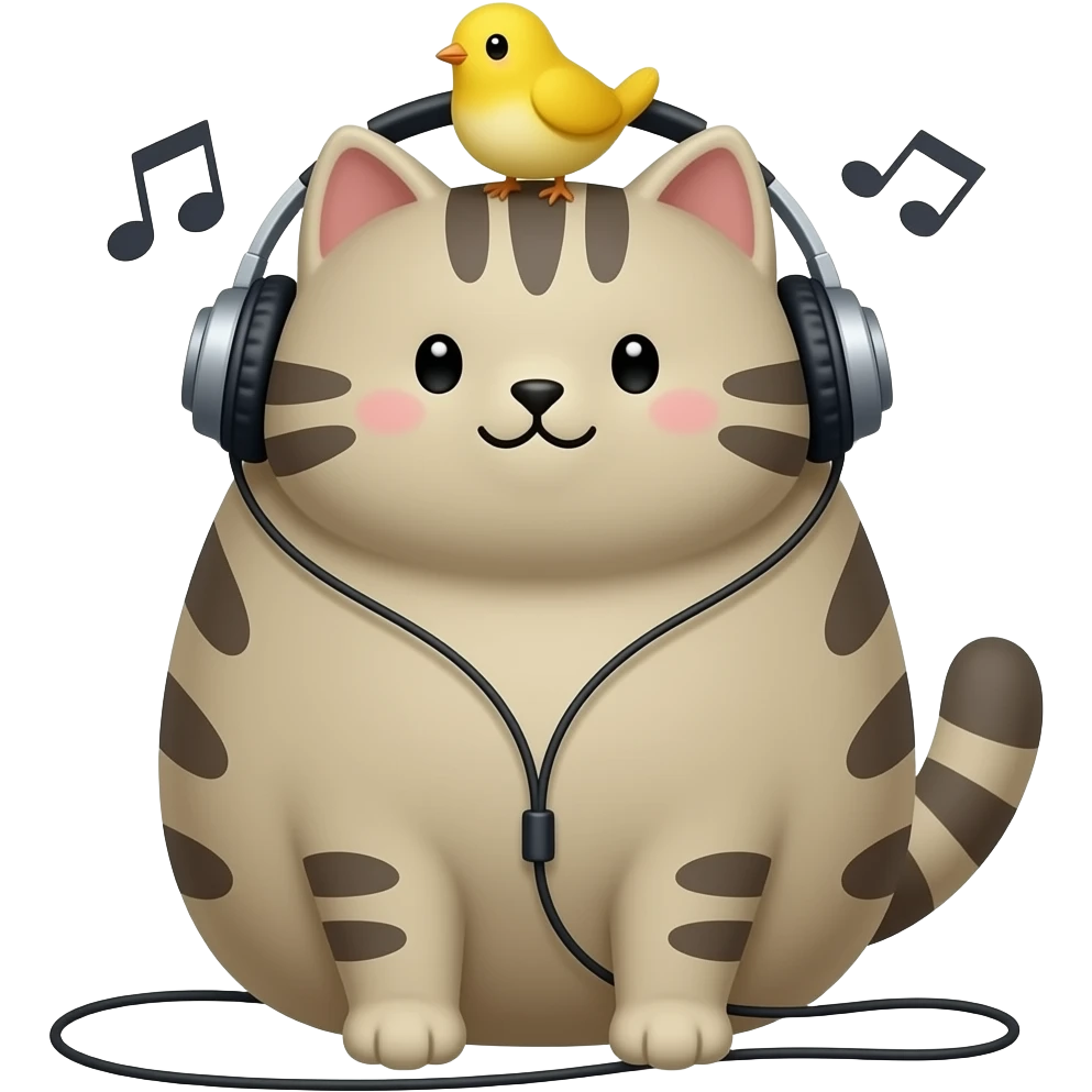 pusheen the cat with a small yellow bird on his head, listening to music in earphones. the image must be a transparent .png. no light or dark border or outer glow or stroke around the image contour emoji