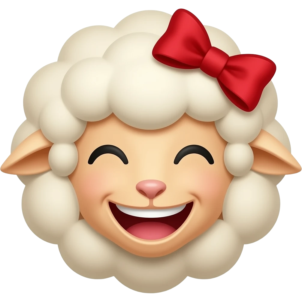 A beige sheep face with a red bow on its head is laughing. emoji