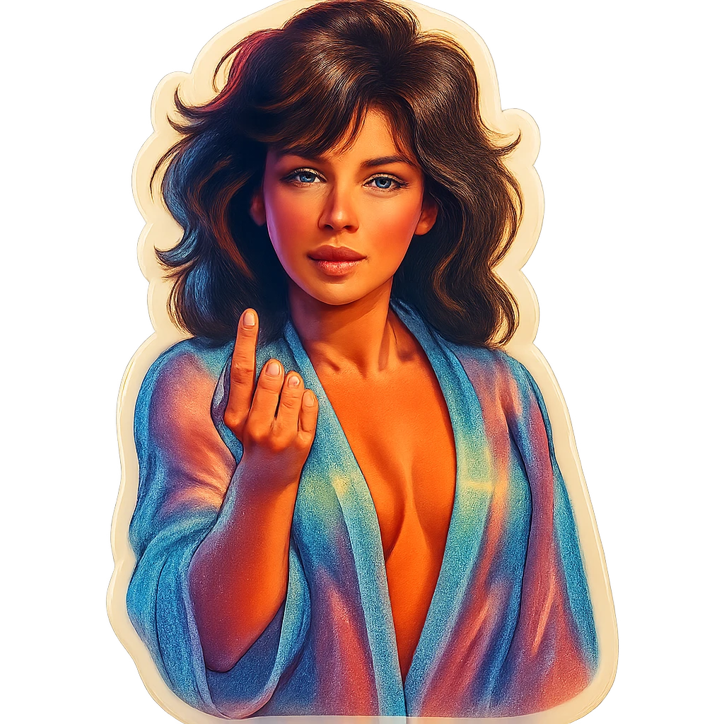 A woman with tousled hair, wearing a sheer robe, beckoning with a finger, stylized sticker emoji