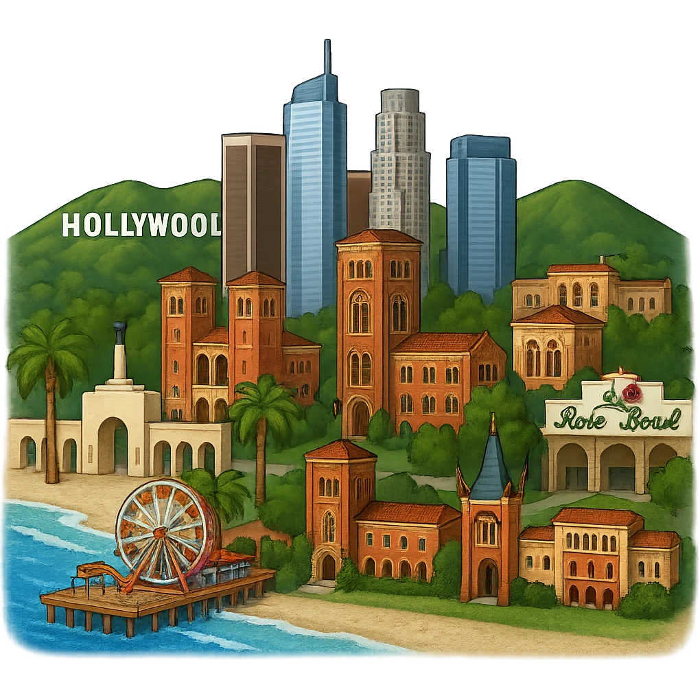 Adjust the Los Angeles emoji so that the Los Angeles Memorial Coliseum arches, Royce Hall at UCLA, Bovard Administration Building at USC, and the Rose Bowl Stadium with its neon sign are positioned more inland, away from the beach. Keep the Santa Monica Pier and beach at the coast, and maintain the iconic downtown LA skyline, Chinese Theater, and Hollywood Sign. Preserve lifelike architectural detail, accurate colors, bright daytime lighting, and a fully transparent background with no sky, no clouds, and no city name label. Do not change any other aspect of the image. Maintain the style and look of the original emoji image. emoji