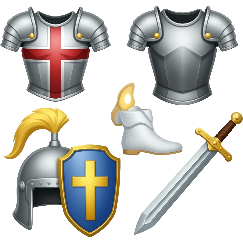 Belt of Truth  Breastplate of Righteousness Shoes of/Peace  Shield of Faith  Helmet of Salvation: ,  Sword of the Spirit: emoji