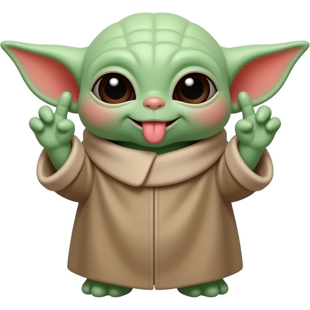 Baby Yoda with his fingers in his ears wiggling his hands and sticking his tongue out emoji