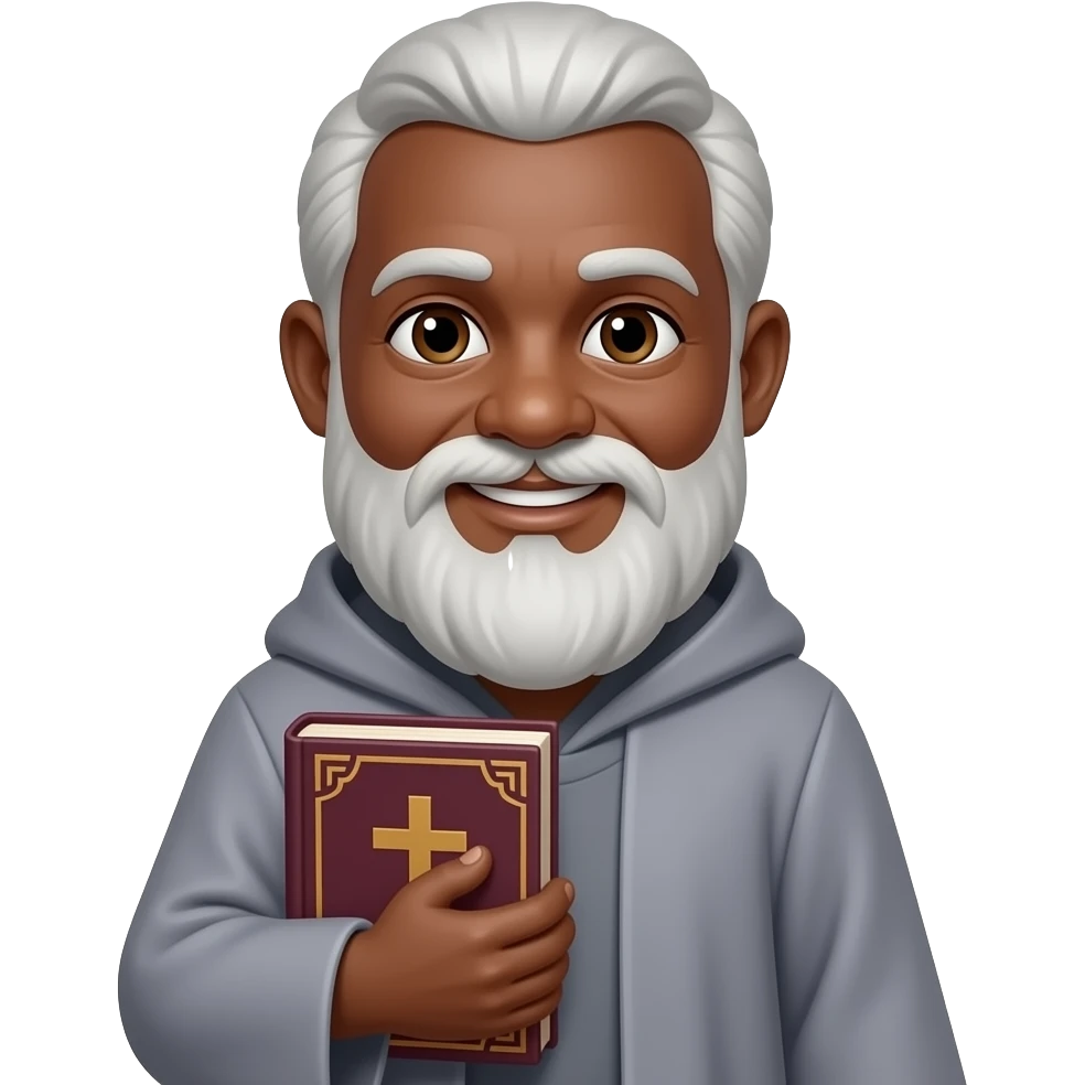 wise old man with grey hair robe friendly slight smile brown eyes white beard darker skin with burgundy book that has a cross on it emoji