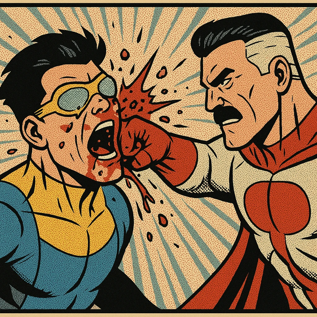Invincible being punched by Omni-Man, comic book style, slow-motion effect, blood and debris, emotional expressions emoji