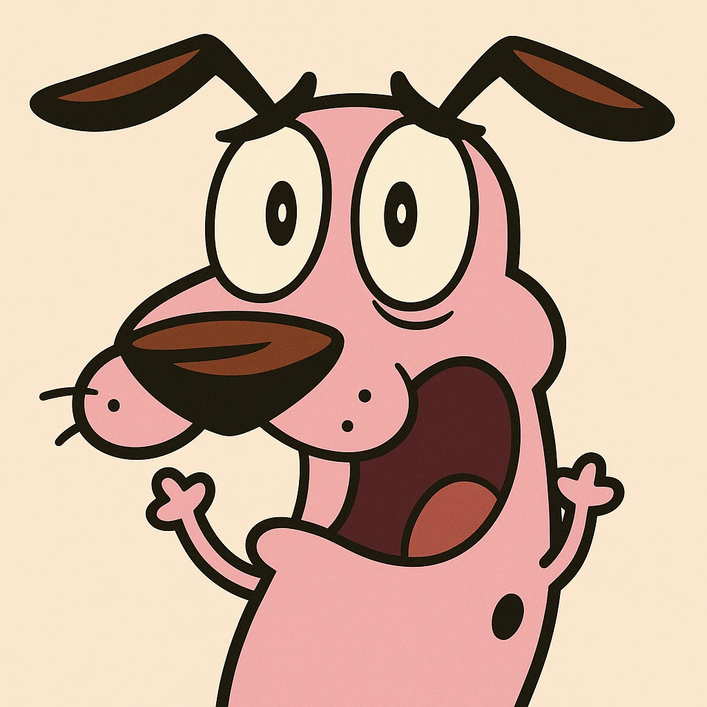 Courage the Cowardly Dog emoji, surprised expression, pink fur, floppy ears, flat toon cartoon style emoji
