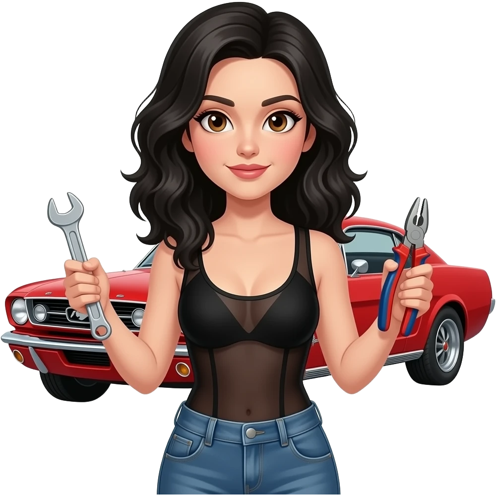 Pale girl with wavy jet black hair and brown eyes in front of a red ford mustang 1968 coupe. Girl wearing a sheer black sleeveless top, low rounded neckline, jeans and heels with visible toes. Girl holding an adjustable wrench in his right hand and a pair of multi-grip pliers in his left hand. emoji