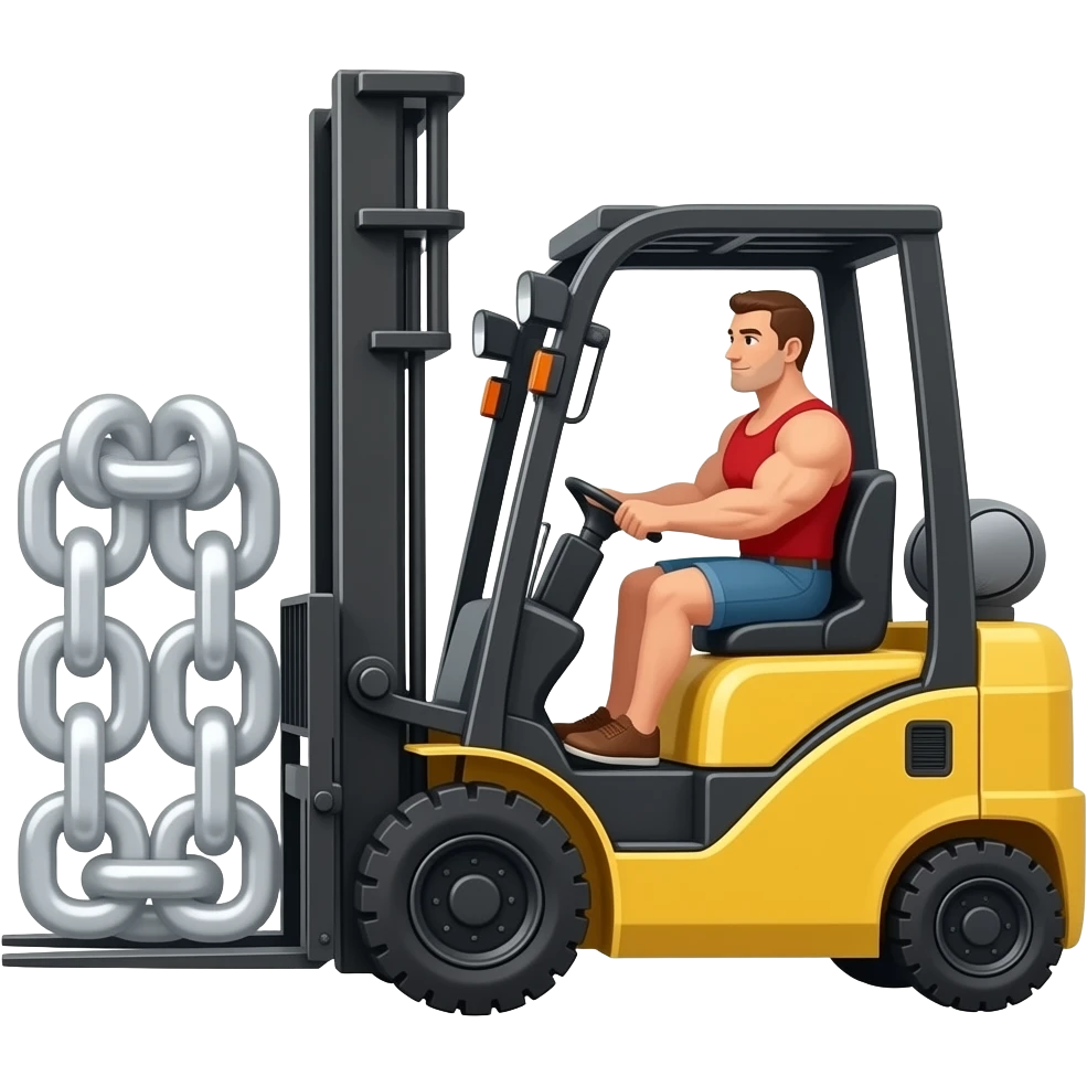 A yellow forklift going right, with a strong man driving, and raising up big chain links. emoji