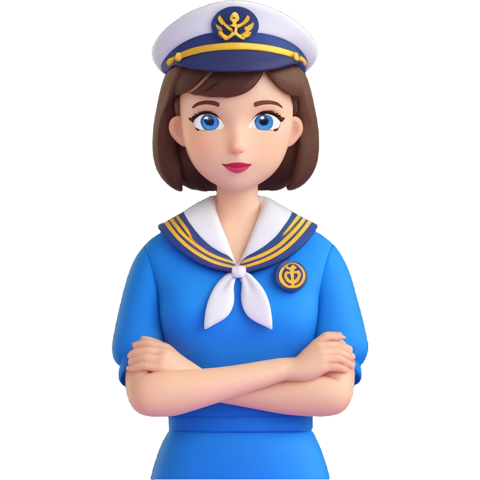 sailor woman, short brown bob, blue eyes, modern uniform, transparent background emoji