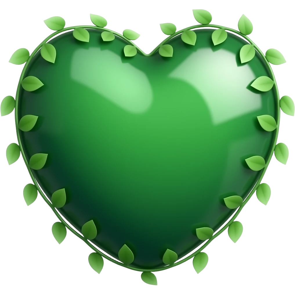 3D green heart surrounded with leaves (The Green Party style leaves), Hex Code colour: 00643b. Add a paler green reflection to the corner of the heart. Make it show success, hope, love, and unity. make sure the background is transparent emoji