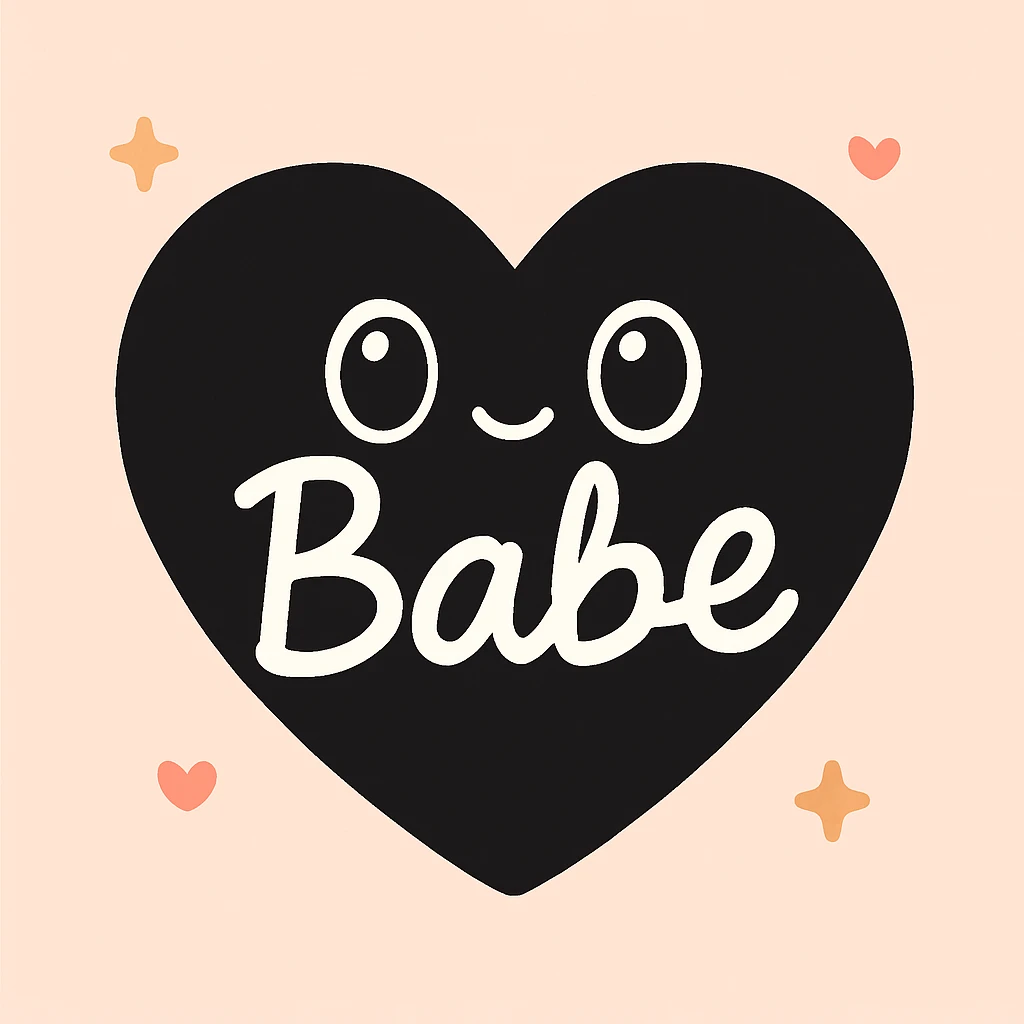 the word 'Babe' in white handwriting across a black heart, kawaii style, high contrast emoji