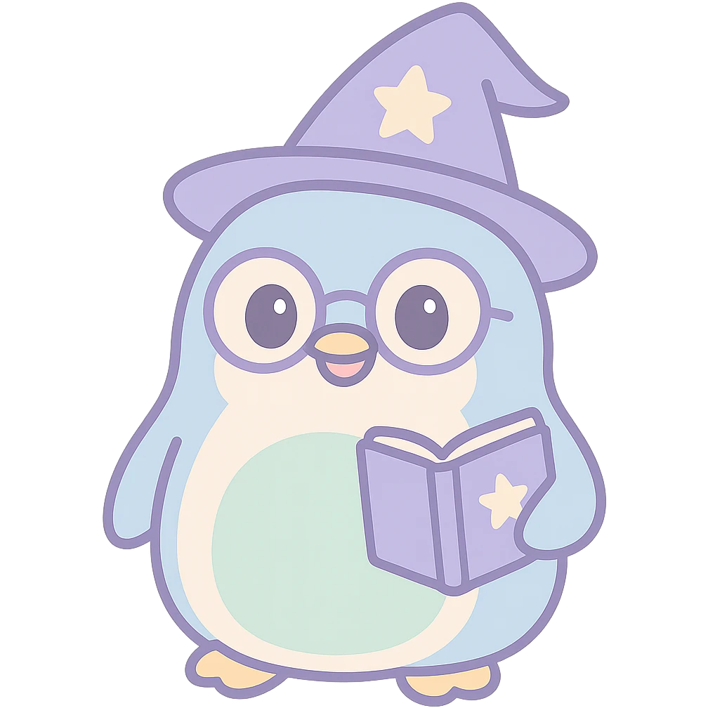 chubby penguin with a wizard hat glasses and a spellbook looking wise and magical emoji