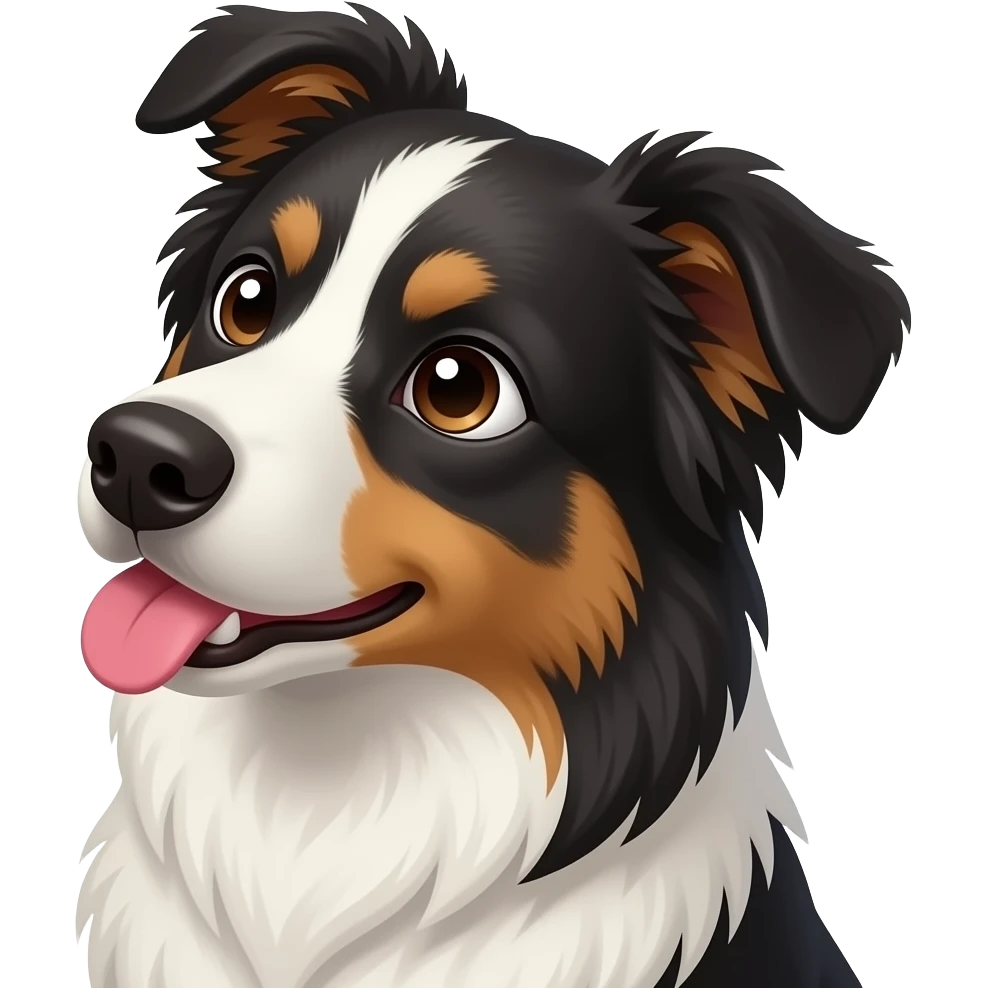 Create a head shot of a border collie who is tilting their head to the side and tongue hanging out just a little bit emoji