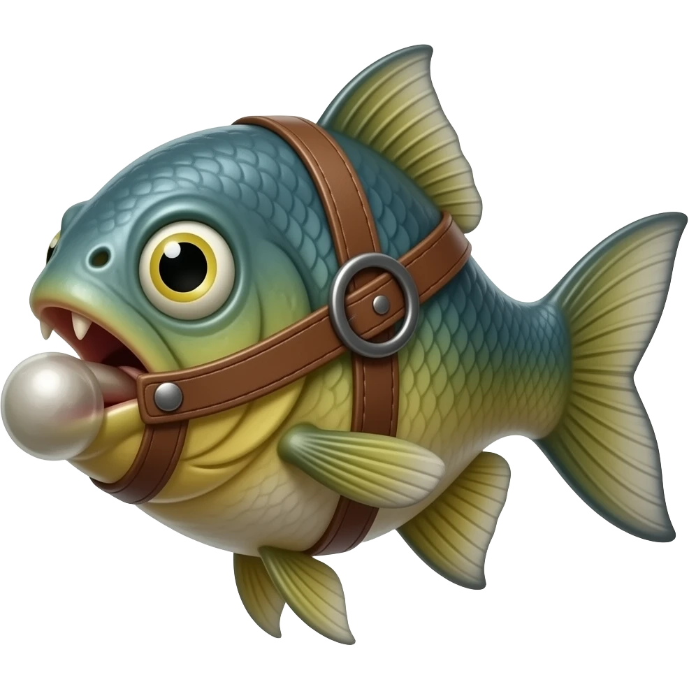 Piranha wearing pleather and a gag in his mouth emoji