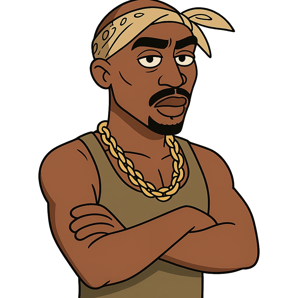 Tupac with arms crossed, stylized cartoon, bandana, gold chain, bold lines emoji