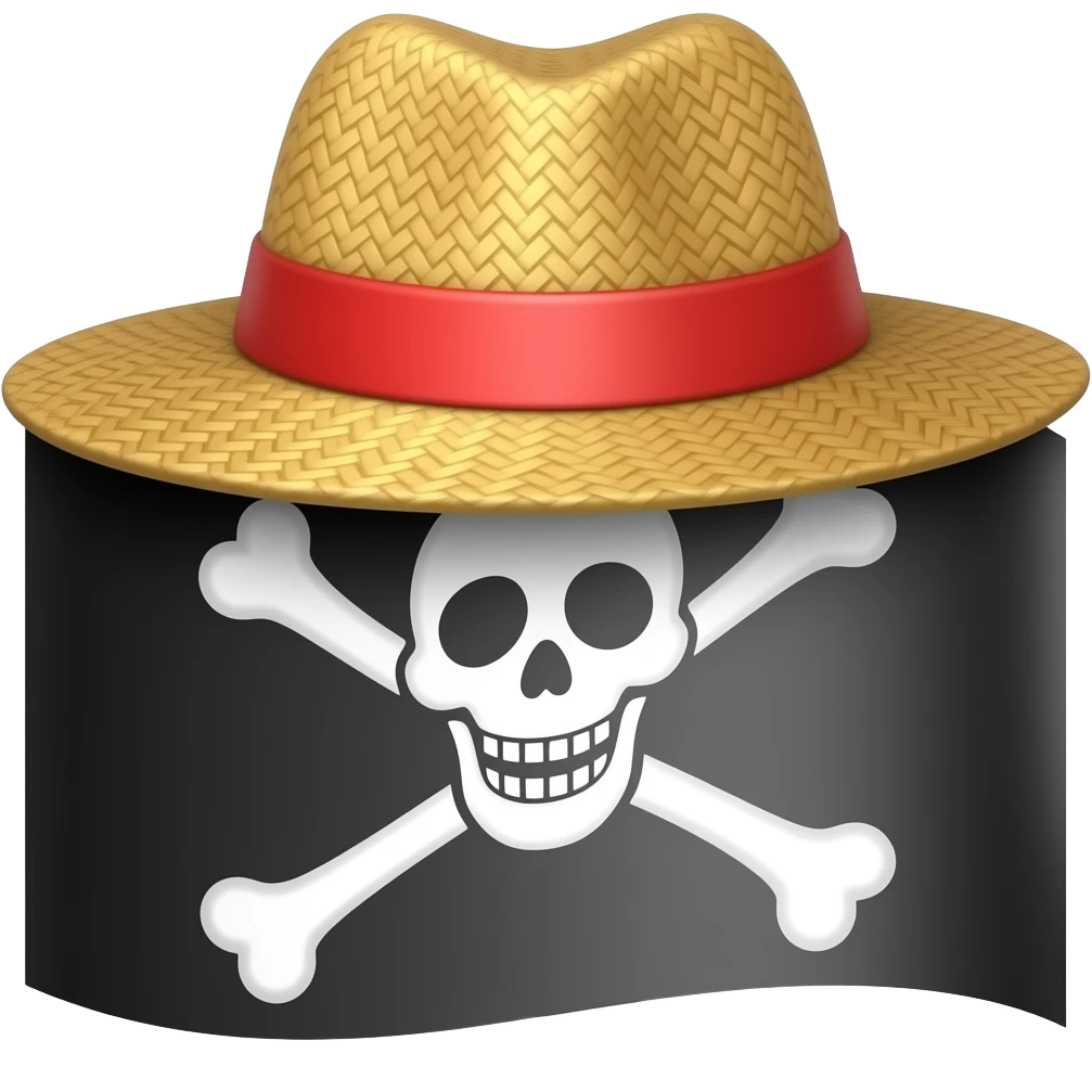 black background, white jolly roger who wear a straw-hat hat with red hat band emoji