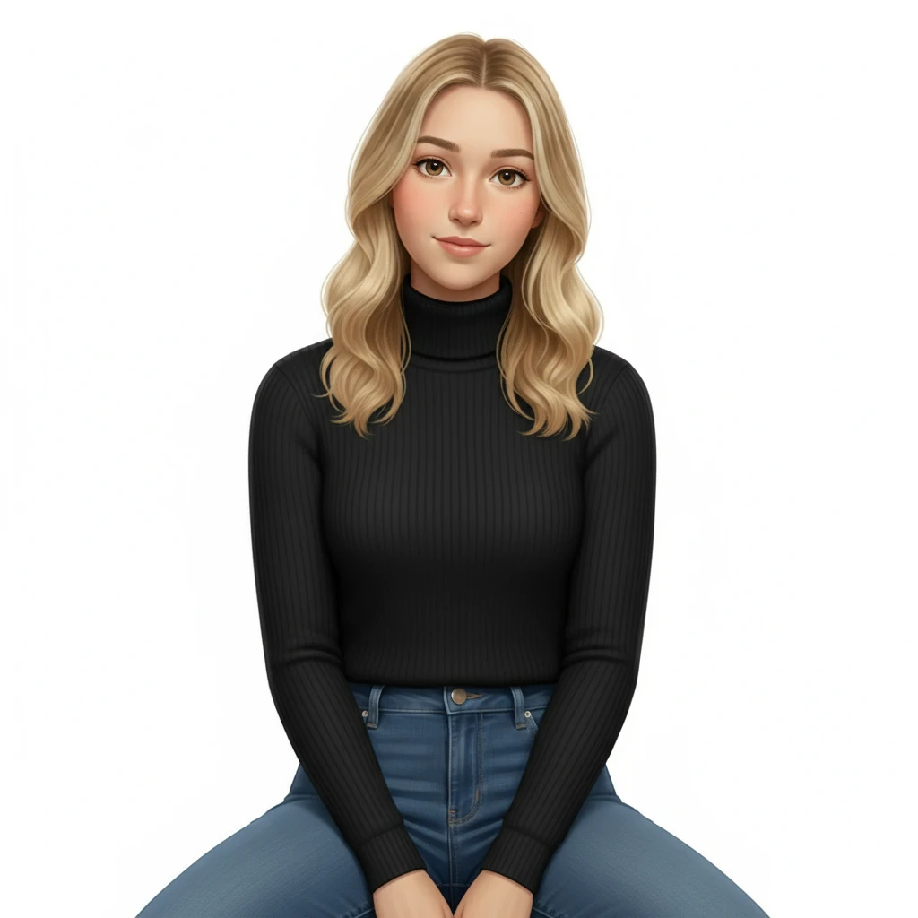 нарисуй эту девушку с точно таким же лицом и прической строго фас она сидит в водолазке и джинсах, без шапки, без фона  emoji