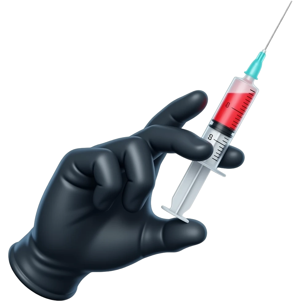 A gloved dainty male hand holding a syringe with glowing neon-red liquid inside. The glove is black but is dark-blue on the palm Side emoji