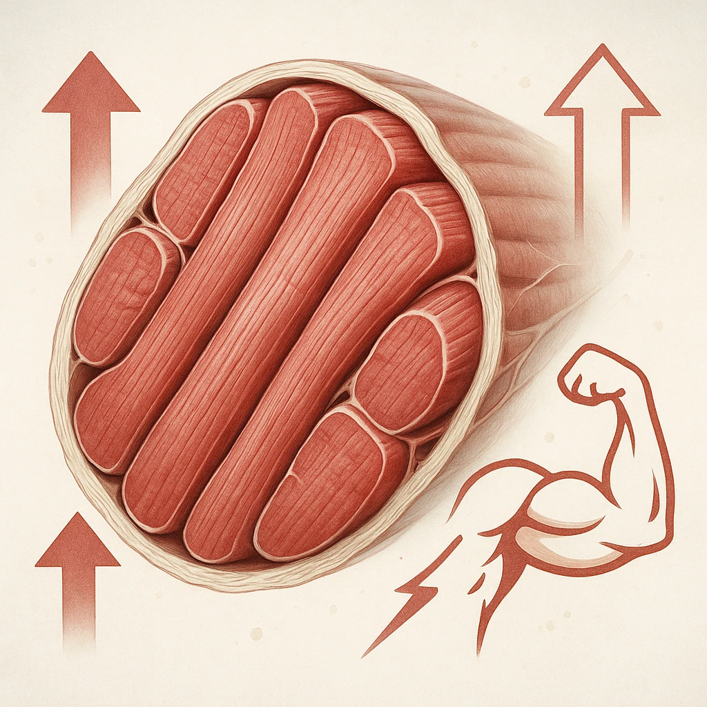 hyper realistic image of muscle section with prevalence of large, thick fast fibers, symbols of strength and hypertrophy like upward arrows and stylized muscles, anatomical details, scientific atmosphere, light background emoji