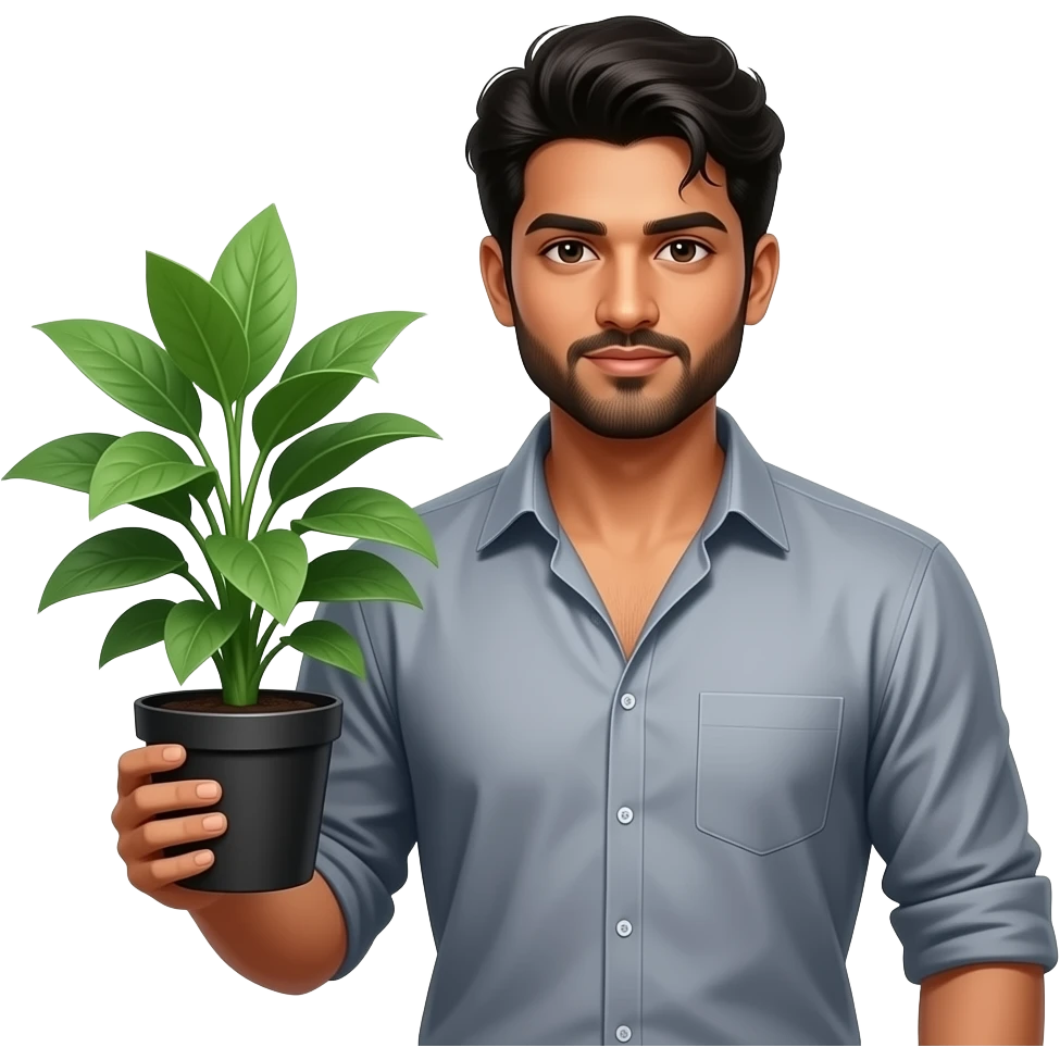 Sexy indian Gothic gardener holding a freen plant in a black pot. Open shirt. emoji