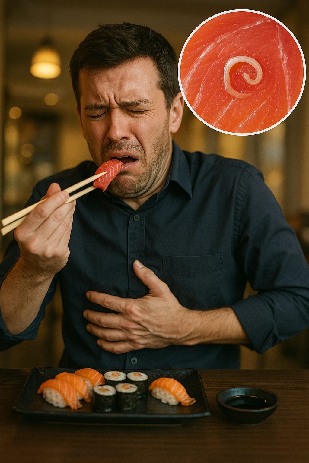 a man sits at a restaurant table, eating a plate of raw fish (such as sushi or sashimi). In a magnified inset, an Anisakis larva is visible inside a piece of fish. The man’s expression changes from enjoyment to sudden discomfort, holding his stomach with a pained look. The background is softly blurred, focusing on the man and the food. in italiano emoji