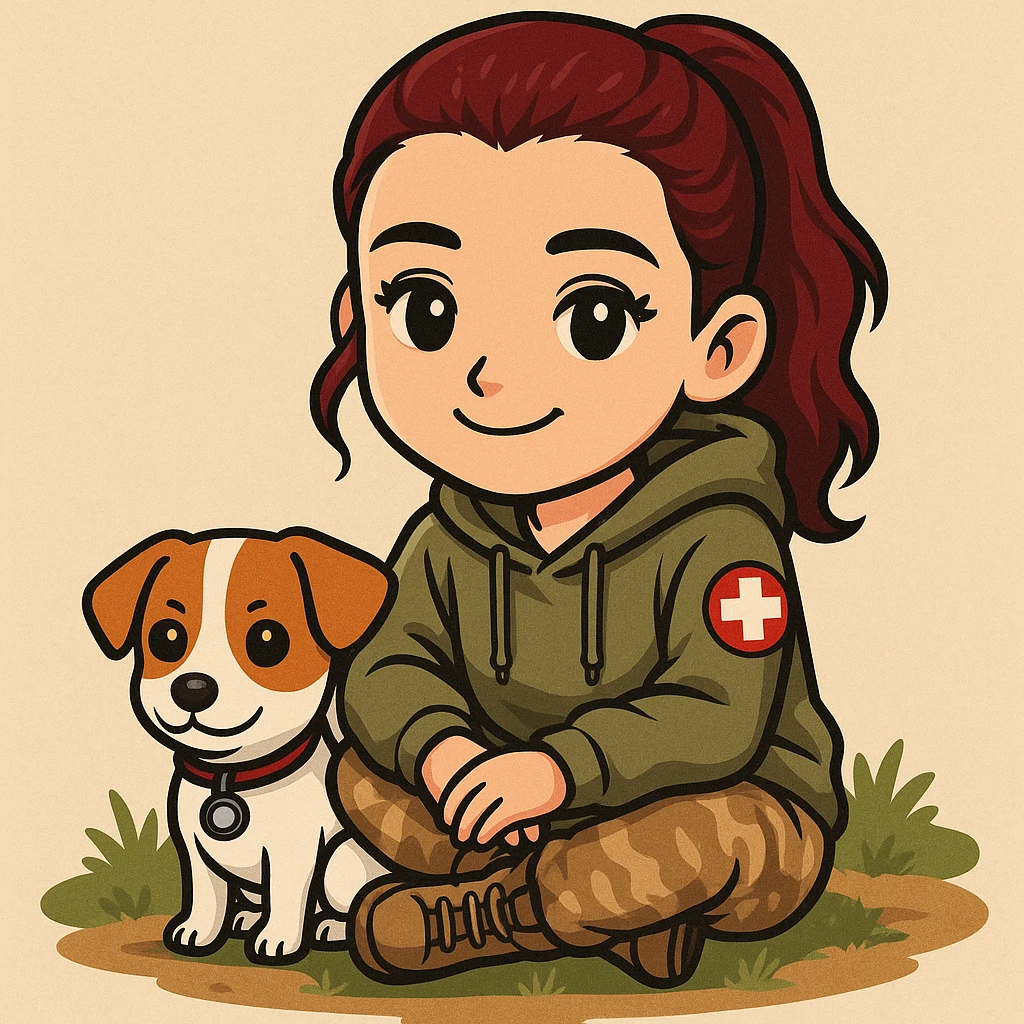 military girl, a medic with a small dog, sticker style, make the character look like her emoji