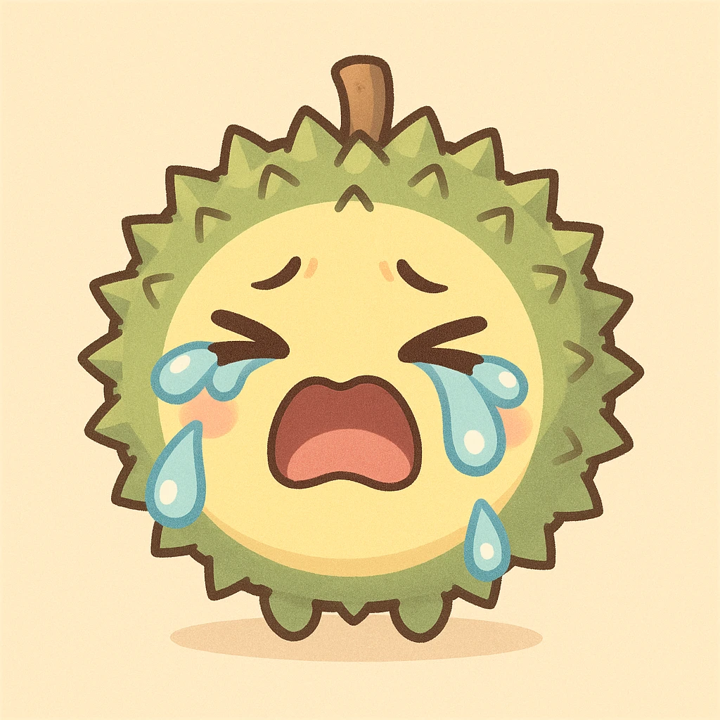 chibi round durian character, green spiky shell, yellow flesh, dramatic crying, big teardrops, pastel tones emoji