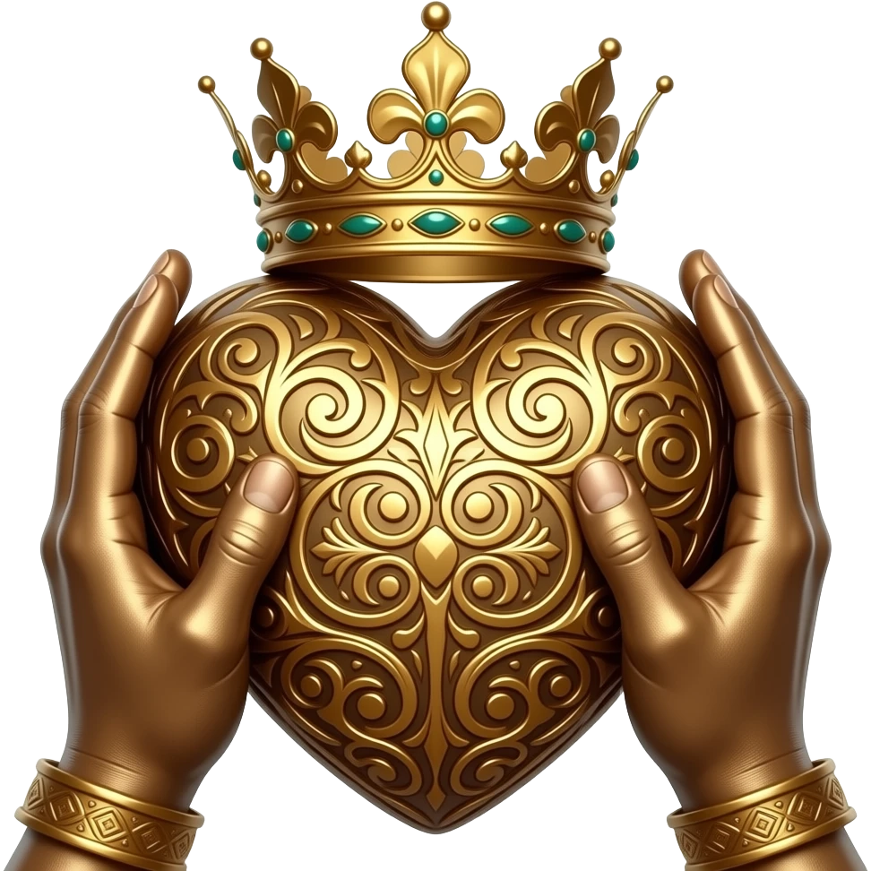 steampunk style - two bronze hands touch a bronze heart richly ornamented with arabesques with a richly decorated royal crown, dramatic lighting - backlight emoji