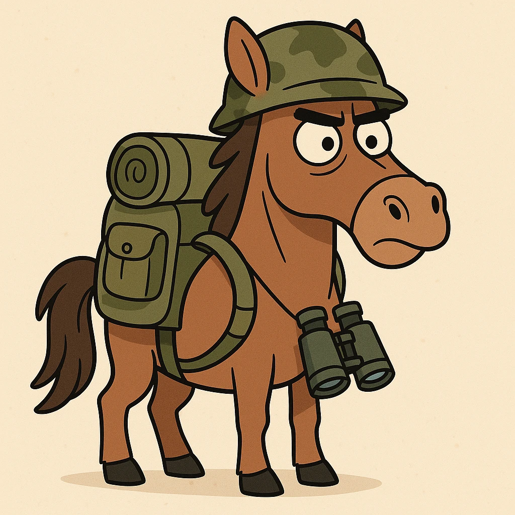 brown horse with an army vibe, cartoon style, carrying a backpack and binoculars emoji