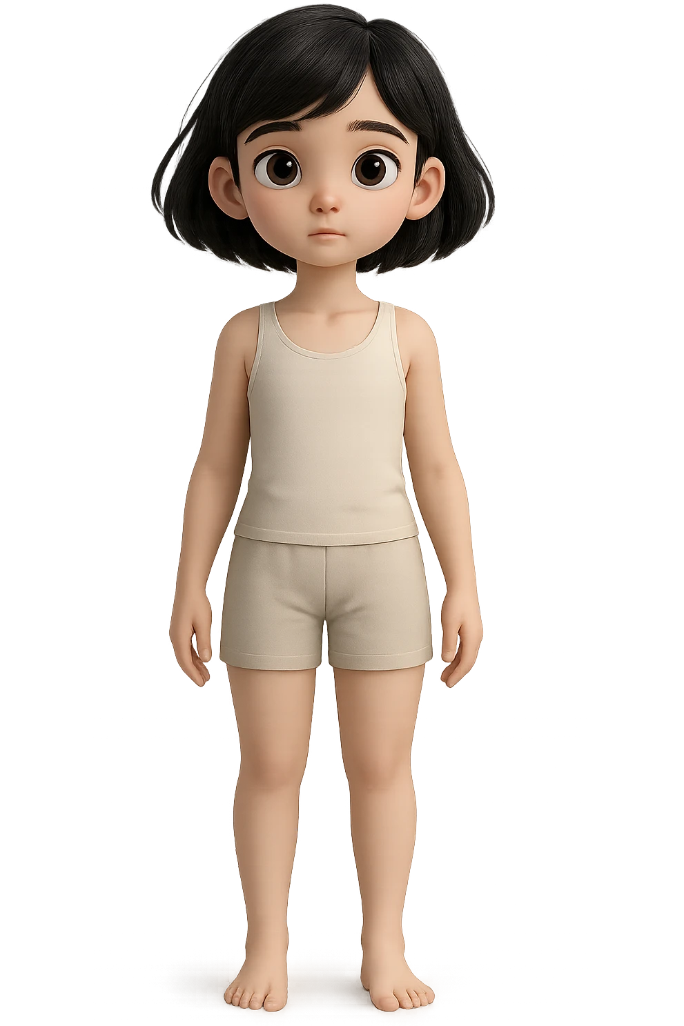 Create a 3D base model of a cute cartoon character matching the pose and proportions of the reference image. The character should be dressed only in plain shorts and a tank top, with no accessories, shoes, or extra details. The style should be neutral and simple to allow for clothing overlays later. Render with a transparent background. emoji