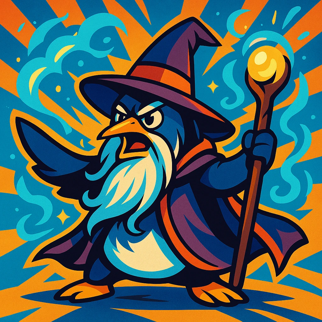 a heroic penguin wizard with a long beard, staff, and magical aura, bold dynamic style, vibrant toon style, powerful and energetic emoji