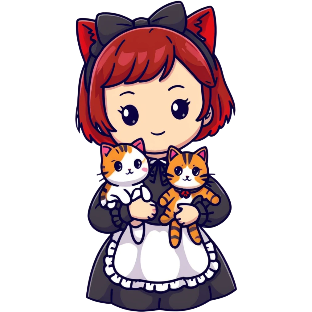 Girl with black and red-tipped hair in black Lolita dress with tabby cat emoji